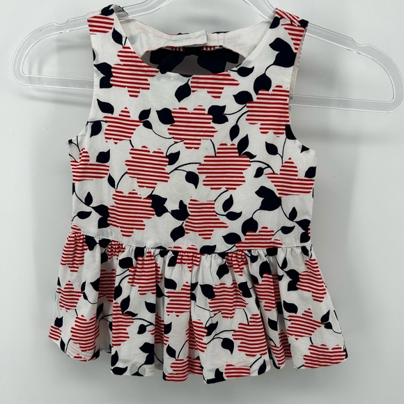 Janie and Jack Red White Blue Floral Stripe  Print Peplum Top Open Back Bow 5 - Picture 1 of 7